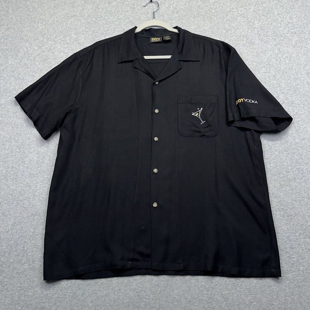 SKYY Vodka Shirt Mens L‎ Black Embroidered Camp Hawaiian Button Up Short Sleeve